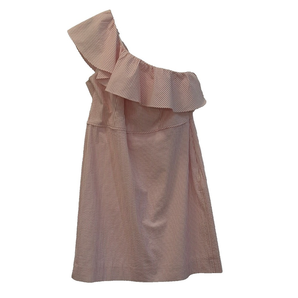 J. Crew Size 14 One Shoulder Ruffle Pink & White Seersucker Stripe Dress